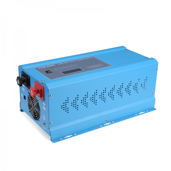 ממיר/מטען משולב קומבי חד פאזי COSUPER 3000W 24V בצבע כחול, כולל תצוגה דיגיטלית, מפסק בקרה, מאוורר קירור וטרמינלי חיבור — מתאימות במיוחד למערכות אנרגיה סולארית ופוטו-וולטאית לצורך ייצור חשמל ממקורות מתחדשים לקרוואנים, ציוד לקמפינג ותשתיות אנרגיה ירוקה.