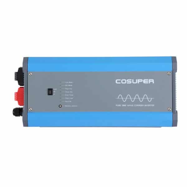 ממיר מתח סולארי משולב COSUPER 5000W 24V, כחול-אפור, עם נורות חיווי, מתג וטרמינלים בצד שמאל—אידיאלי למערכות אנרגיה מתחדשת, טכנולוגיות פוטו-וולטאיות, ייצור חשמל סולארי ותשתיות לאספקת כוח לקמפינג, קרוואנים ומתקני שמש.