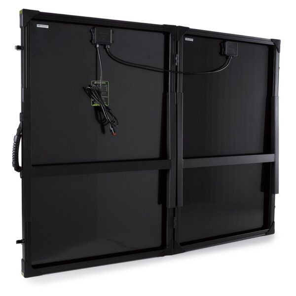 פאנל סולארי מתקפל דגם BOULDER 200B, בהספק 200W וטווח מתח של 12-22V, בעל טכנולוגיה פוטו-וולטאית מתקדמת לייצור חשמל אנרגיה סולארית; מופיע בצבע שחור עם שני פאנלים מחוברים, ידיות נשיאה וחיווט גלוי – זה פתרון נייד ויעיל לאספקת אנרגיה מתחדשת ותשתית חשמל ירוקה, על רקע לבן.