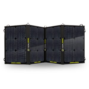 פאנל סולארי מתקפל 100W NOMAD 12-22V—טכנולוגית פוטו-וולטאית מתקדמת לייצור אנרגיה מתחדשת, פתרון נייד לטעינה יעילה של תחנות כוח ניידות ומכשירים חשמליים בכל מקום, עם מיתוג Goal Zero על הפאנלים; אידיאלי שימוש בתשתיות אנרגיית סולרית ולהשתמש מחוץ לרשת.