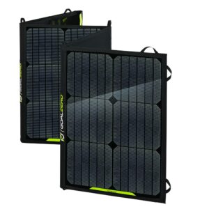פאנל סולארי פוטו-וולטאי מתקפל NOMAD 100 (100W, 12-22V) עם מסגרת שחורה ותבנית רשת—כולל ידיות נשיאה ולוגו Goal Zero—לפתרונות ייצור חשמל ירוק, טעינת תחנת כוח נייד ותמיכה בתשתית אנרגיה מתחדשת בכל מקום.