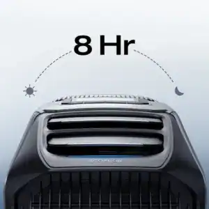 תקריב של מזגן נייד המופעל באנרגיה סולארית EcoFlow WAVE 2 עם סמל