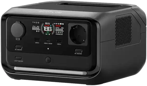 תחנת הכוח הניידת ECOFLOW RIVER 3 Plus בצבע שחור תומכת בטעינה סולארית, כניסה פוטו-וולטאית, תצוגה דיגיטלית ויציאות מרובות.