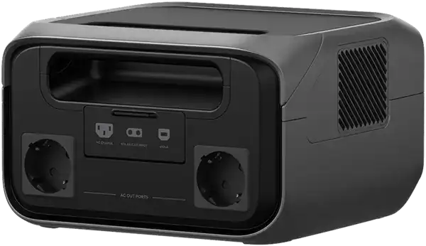 תחנת כוח ניידת ECOFLOW RIVER 3 Plus שחורה וקומפקטית לטעינה ירוקה, מתאימה למערכות סולאריות ולתשתיות אנרגיה מתחדשת.